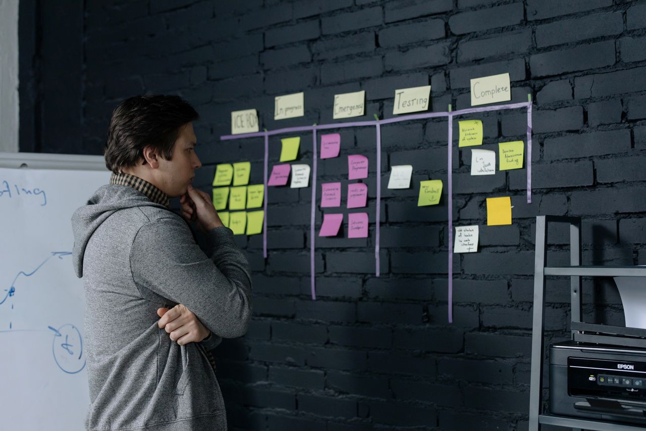 Project planning with sticky notes on a wall