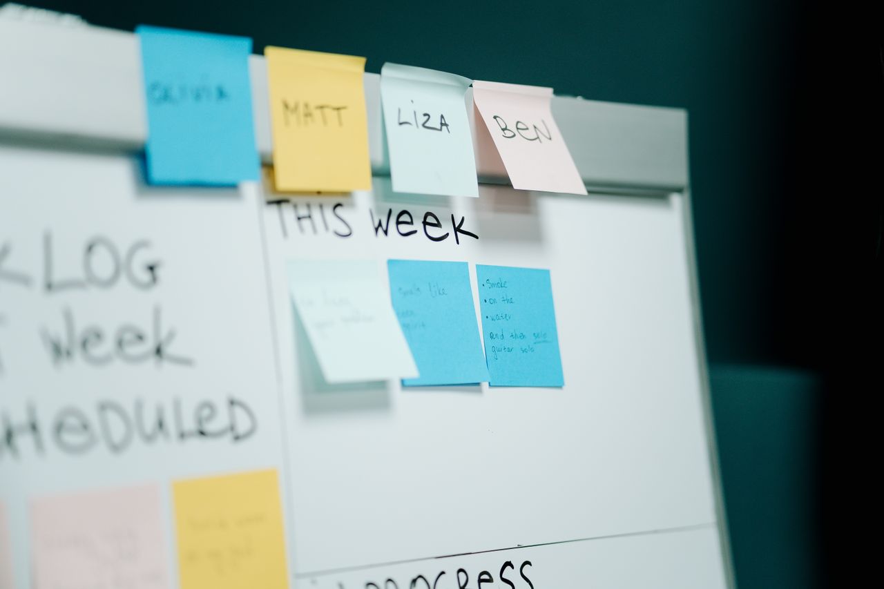 Tasks on sticky notes on a whiteboard